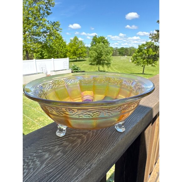 Vintage Amber Glass Pedestal Bowl iridescent Intricate Floral Etching 8.5 x 3.5" - Picture 1 of 11